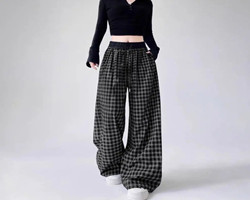 復古格紋高腰褲